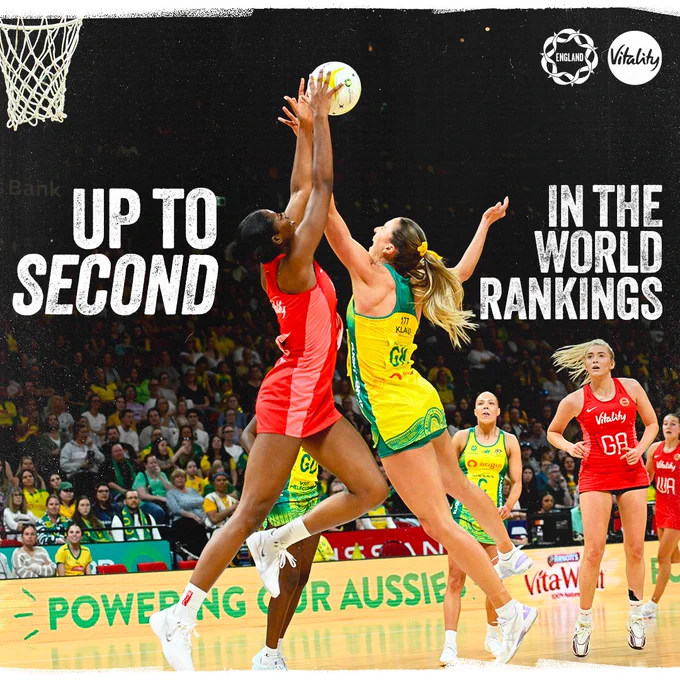 An action photo of the Vitality Roses against Australia with 'up to second in the world rankings' added as text over the top. The England crest and Vitality logo are in the top right corner of the graphic.