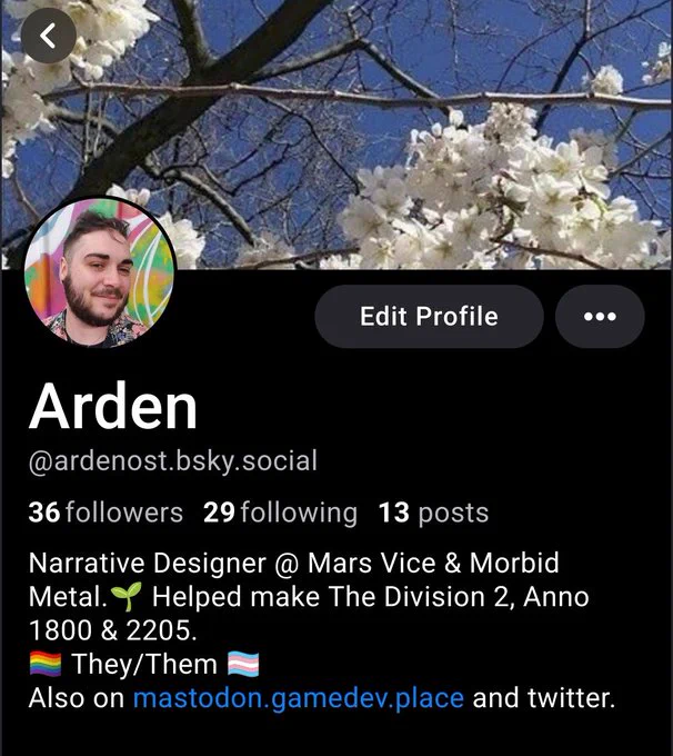 mobile screenshot of my profile on the website where the sky is blue. my handle over there is ardenost