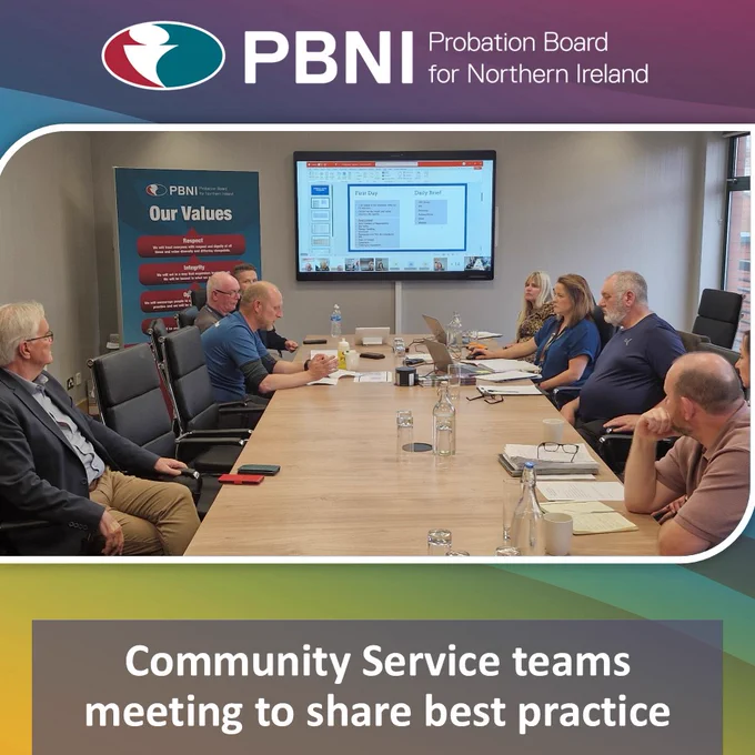 Graphic with blue, purple, green and blue background and the Probation Board for Northern Ireland logo. There is a photo of Assistant Director Jill Grant sitting at a conference room table along with Community Service staff going through a powerpoint presentation.