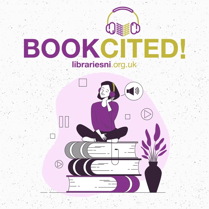 Graphic with BookCited! branding and an illustration of a woman sitting on a pile of books with headphones on