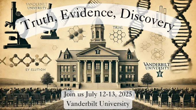 A promotional graphic for the Scopes Symposium featuring the words “Truth, Evidence, Discovery” in bold, black font across a banner at the top. The background depicts the Dayton, Tennessee courthouse from the 1925 Scopes Trial, with scientific symbols such as DNA strands, microscopes, and molecular structures overlaid in muted tones of black and gold. At the bottom of the image, text reads: "Join us July 12-13, 2025, Vanderbilt University." The overall color scheme is black, gold, and white, reflecting Vanderbilt University’s branding.