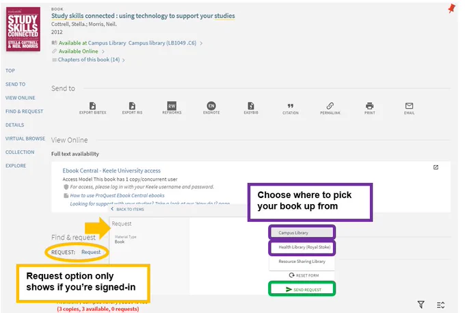 Screenshot showing how to request books in LibrarySearch.
