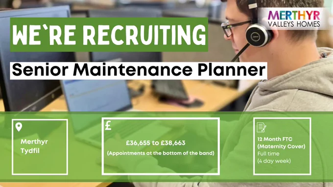 A graphic with overlaying text that reads. 

We're Recruiting. 
Senior Maintenance Planner. 
Merthyr Tydfil 
£36,655 - £38,663
12 Month FTC
Maternity Cover
Full Time 
4 Day Week
