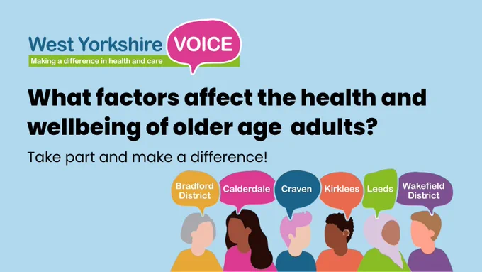 The West Yorkshire Voice logo and text reads 'What factors affect the health and wellbeing of older age adults? Take part and make a difference!'