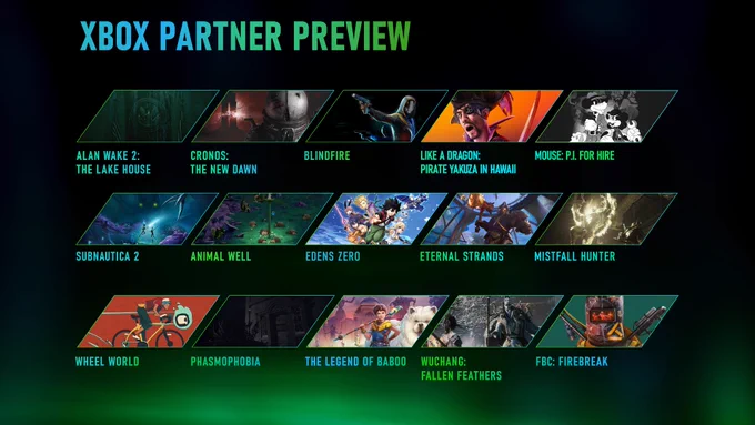 An Image showing the box art for all the games included in the Xbox Partner Preview, including Alan Wake 2: The Lake House, Cronos: The New Dawn, Blindfire, Like a Dragon: Pirate Yakuza in Hawaii, MOUSE: P.I FOR HIRE, Subnautica 2, Animal Well, Edens Zero, Eternal Stands, Mistfall Hunter, Wheel World, Phasmophobia, The Legends of Baboo, WUCHANG: Fallen Feathers, FBC: Firebreak