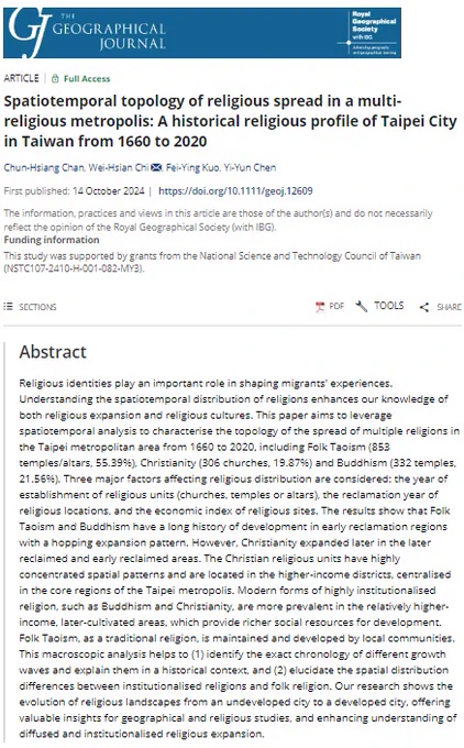 Title and abstract for 'Spatiotemporal topology of religious spread in a multi-religious metropolis: A historical religious profile of Taipei City in Taiwan from 1660 to 2020' by Chun-Hsiang Chan, Wei-Hsian Chi, Fei-Ying Kuo, Yi-Yun Chen in The Geographical Journal. 