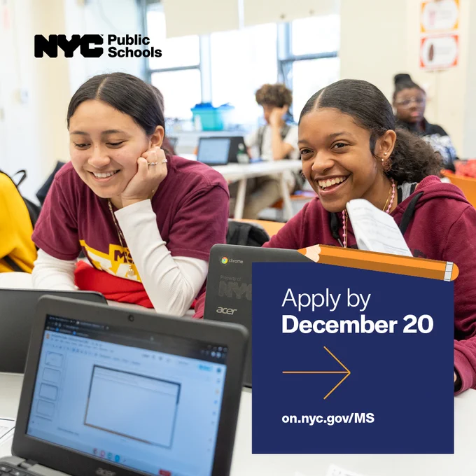 This graphic has two middle school students smiling at their desks. In the corner text reads "apply by December 20."