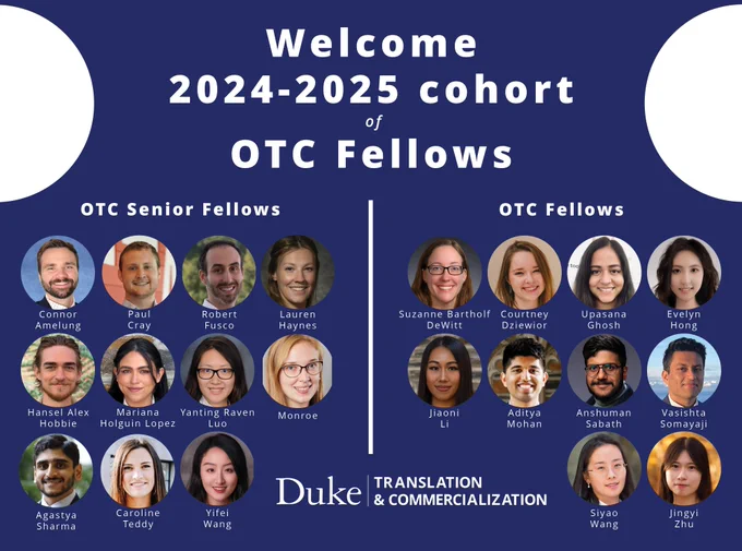 Grid of 11 circular headshots of OTC Senior Fellows on left and 10 OTC Fellows on right, each labeled with their names. On a Duke blue background, the title up top in white reads “Welcome 2024-2025 cohort of OTC Fellows”.