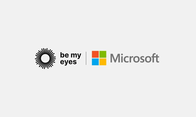 BeMyEyes logo on the left, and Microsoft logo (with four squares, red, green yellow and blue) on right