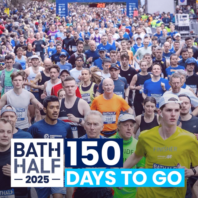Participants running in the Bath Half Marathon, with a digital overlay indicating 150 days to go.