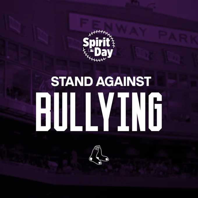 TEXT: Spirit Day - Stand Against Bullying

IMAGES:
MLB Spirit Day logo above the text; Red Sox logo below. Background is a purple hue overlaid on an photo of Fenway Park.