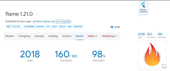 A screen shot of the pub dev site (Flutter and Dart's package repository site) where it shows Flame has 2018 likes.
