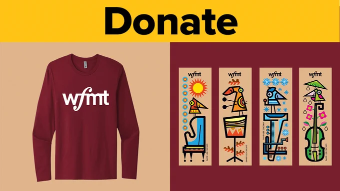 Burgundy WFMT-branded long sleeve shirt and whimsical musical illustrations with text "Donate"