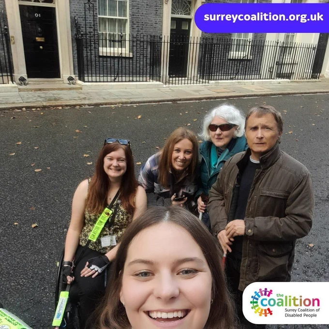 Image one is a group selfie style photo of Coalition members and staff outside Number 10, with the door behind them.