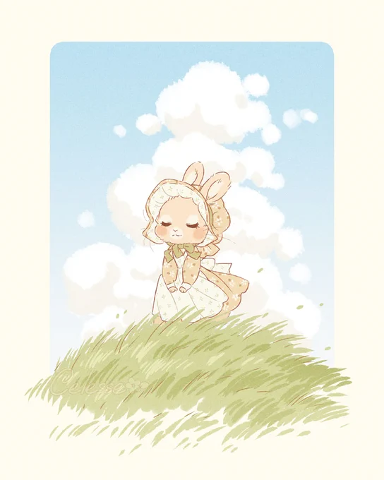A drawing of a vintage-style rabbit wearing a floral print bonnet and dress with an apron, standing atop a grassy hill with a pillar of white clouds in a blue sky behind her. Her eyes are closed as she enjoys the breeze.