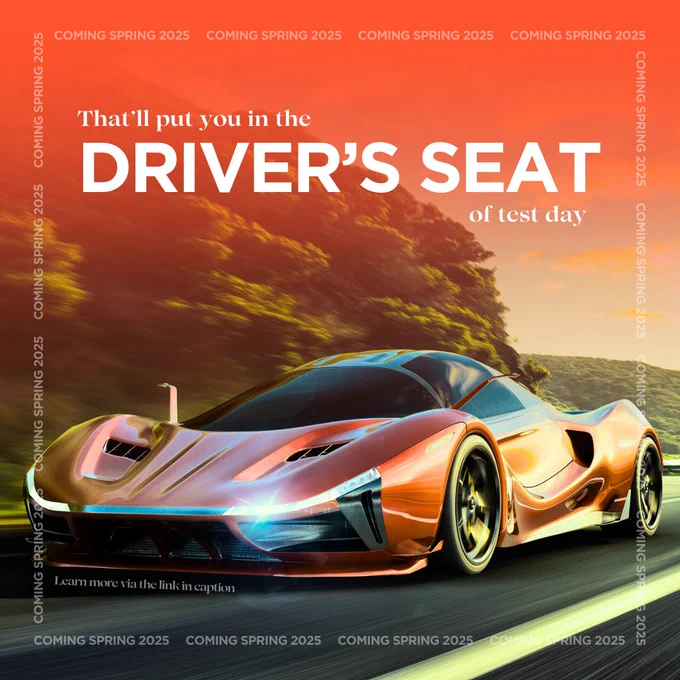 That'll put you in the driver's seat of test day, with the photo of a new fancy car on a road, learn more via the link in the caption