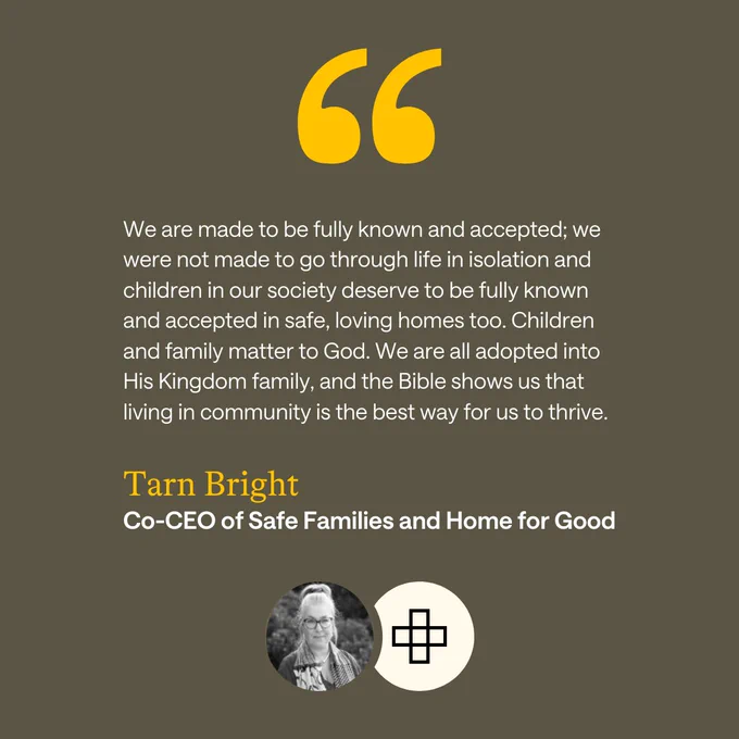 Image of a quote encouraging the church to live out radical hospitality by Tarn Bright, Co-CEO of Safe Families and Home for Good.