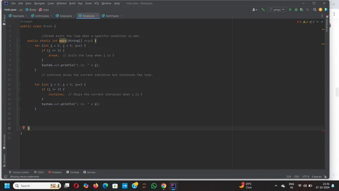 In loops, break and continue help in controlling the flow of iteration:

break Statement:
Purpose: Immediately exits the loop when a condition is met, stopping any further iterations.

continue Statement:
Purpose: Skips the current iteration when a condition is met, but continues with the next iteration.