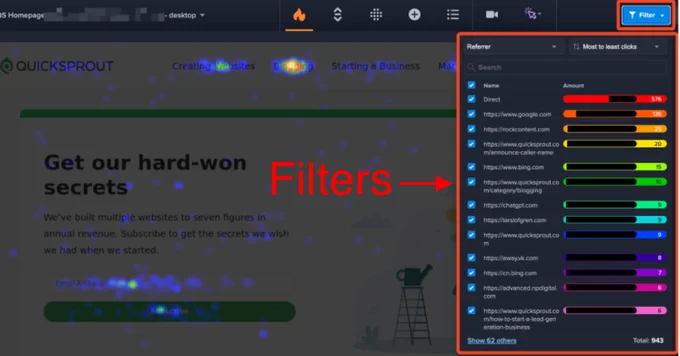 A screenshot of a Website Heatmap report in Crazy Egg, with a data filter to segment traffic by "Referrer" highlighted.
