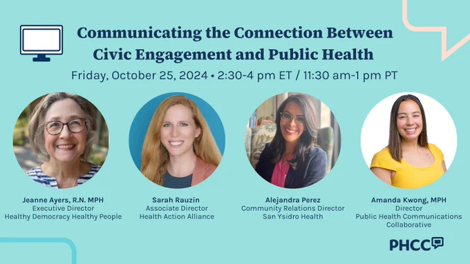 Communicating the Connection Between Civic Engagement and Public Health
Friday, October 25, 2024 • 2:30-4 pm ET / 11:30 am-1 pm PT

Jeanne Ayers, R.N. MPH
Executive Director
Healthy Democracy Healthy People

Sarah Rauzin 
Associate Director
Health Action Alliance

Alejandra Perez
Community Relations Director 
San Ysidro Health

Amanda Kwong, MPH
Director
Public Health Communications Collaborative