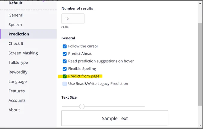 options of read and write 
check off the predict from page option