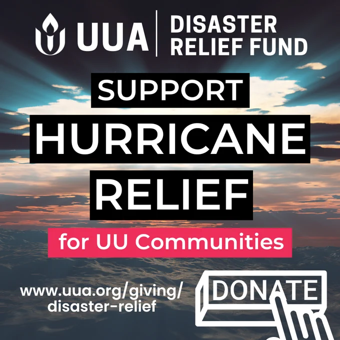 The image is a call to action for supporting hurricane relief through the UUA Disaster Relief Fund. It features a scenic background of a colorful sunset over the ocean with clouds illuminated in shades of blue, orange, and pink. Overlaid text appears in bold, white, and black blocks for contrast.

The top part of the image includes the UUA logo, followed by the text "DISASTER RELIEF FUND" in bold, white, uppercase letters. Below that, in large white text on black text blocks, it says "SUPPORT HURRICANE RELIEF." Below this is the phrase "for UU Communities" in white text on a vibrant pink block.

At the bottom of the image, the link to donate—www.uua.org/giving/disaster-relief—is displayed in white text, and to the right is a white "DONATE" button outlined with a hand-drawn pointing hand icon, urging immediate action.