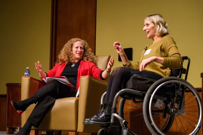 Chancellor Mnookin and author Rebekah Taussig engage in a discussion on stage at the 2024 Go Big Read event.