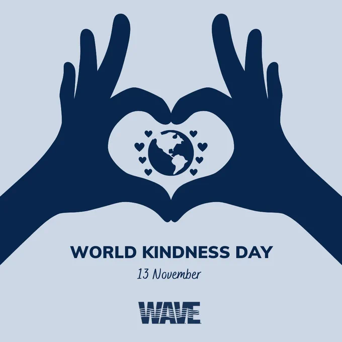 Two illustrated hands make a heart with their fingers. Inside the heart is an image of the globe. Text says World Kindness Day 13 November.