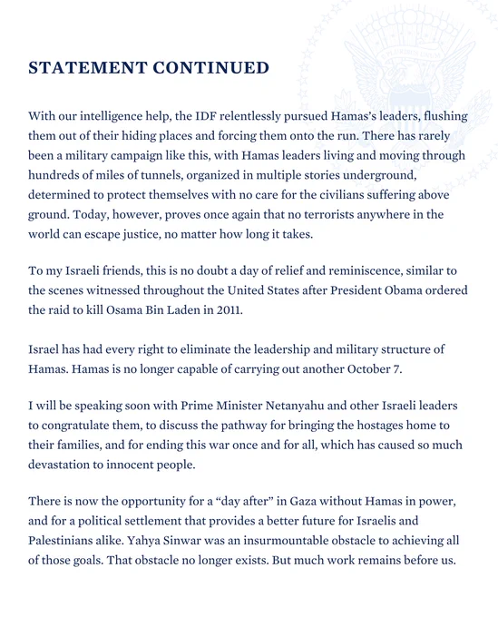 Statement from President Joe Biden on the Death of Yahya Sinwar
October 17, 2024

WhiteHouse.gov