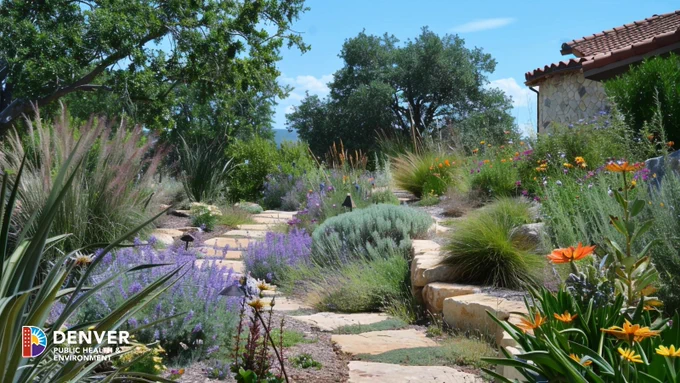 Image showing a vibrant garden pathway at Denver Botanic Gardens, filled with various colorful flowers and lush greenery, under a clear blue sky.