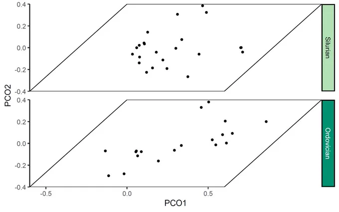 Figure 3: Crinoid morphological disparity data (Wright, 2017; Guillerme et al., 2020) plotted using the coord_trans_xy() and facet_wrap_color() functions to show the change in distribution across the end-Ordovician extinction.