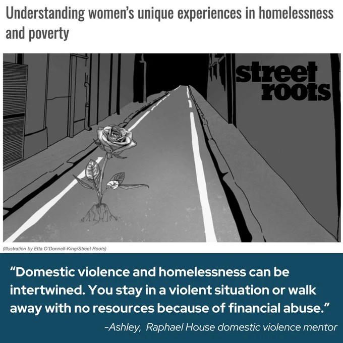 Article screenshot from Street Roots website. Headline reads: Understanding women's unique experiences in homelessness and poverty. Pull quote reads: "Domestic violence and homelessness can be intertwined. You stay in a violent situation or walk away with no resources because of financial abuse. -Ashley, Raphael House domestic violence mentor."