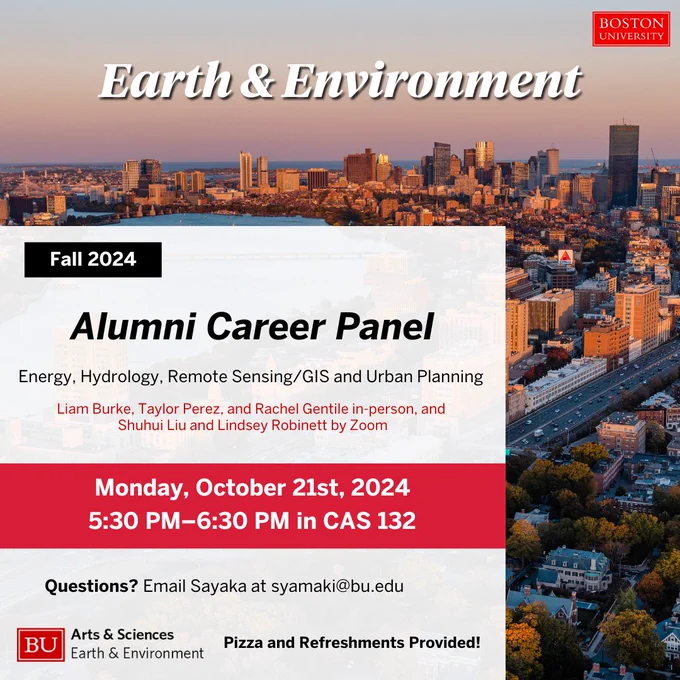 Alumni career panel, featuring Liam Burke, Taylor Perez, Rachel Gentile, Shuhui Liu, and Lindey Robinett on 10/21/24 at 5:30-6:30 in CAS132. Contact Sayaka at syamaki@bu.edu for more information