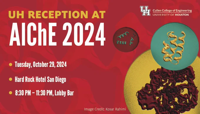 Front of a red business card advertising the University of Houston's 2024 AIChE reception: Tuesday, October 29th, 8:30-11:30pm, at the Lobby Bar in the Hard Rock Hotel (next to the convention center). The card by PhD student Kosar Rahimi are of proteins in green, yellow, and maroon bubbles.
