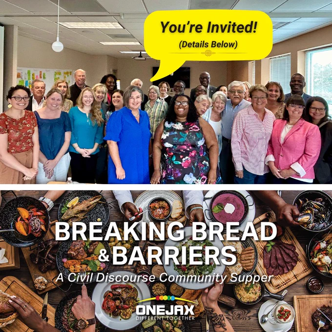 Promotional image for a Breaking Bread & Barriers community supper event hosted by OneJax. The top half shows a diverse group of individuals smiling in a room with a 'You're Invited!' text bubble. The bottom half features an array of dishes laid out on a table, signifying a communal meal.