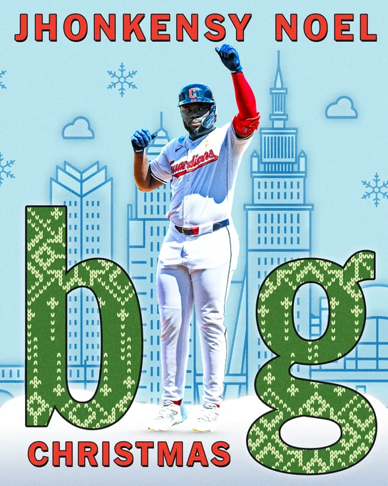 Big Christmas hype graphic
Inspired by the movie poster for "Elf," the words "BIG CHRISTMAS" appears with Jhonkensy Noel jumping up in place of the I in "BIG." Noel is wearing a home white Cleveland Guardians uniform and dark blue Cleveland Guardians helmet.
