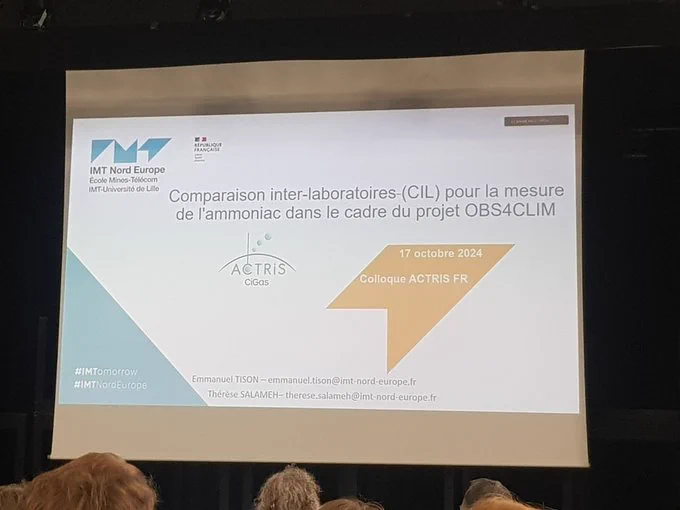 Diapo de titre de la présentation d'Emmanuel Tison :
"Comparaison inter-laboratoires (CIL) pour la mesure de l'ammoniac dans le cadre du projet OBS4CLIM"