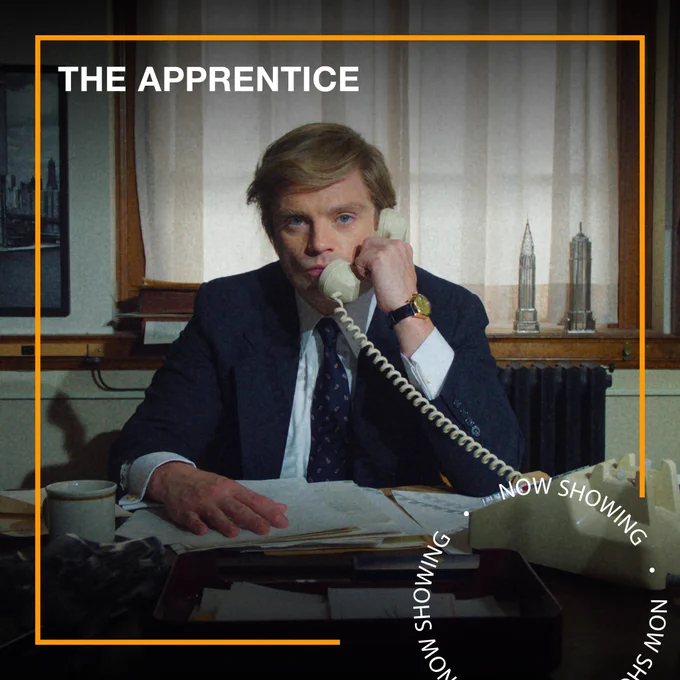 Sebastian Stan as Donald Trump, sitting at a cluttered office holding the telephone. Text - The Apprentice, Now Showing