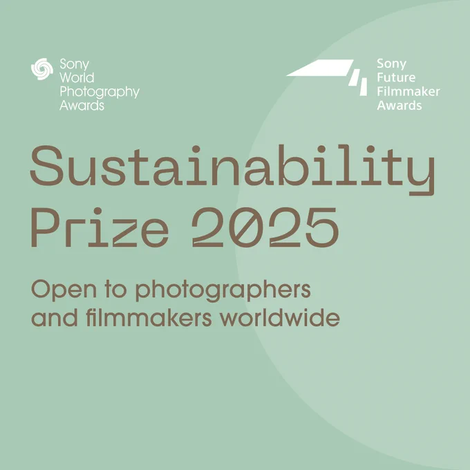 Brown words on a mint green background. Text reads: Sustainability Prize 2025. Open to photographers and filmmakers worldwide.