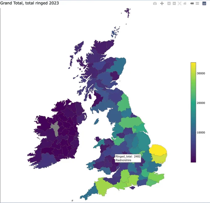 Map of total birds ringed by region in 2023