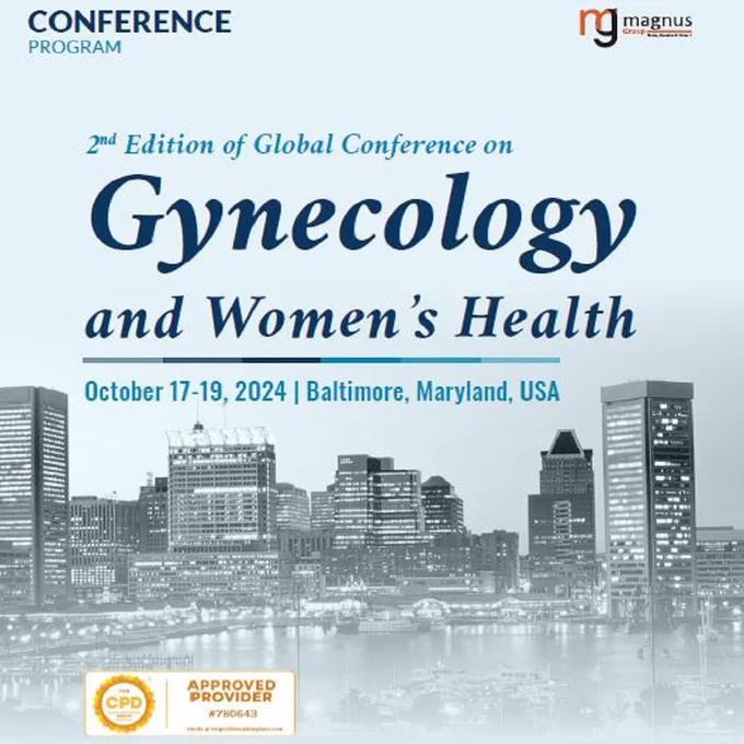 A conference flyer for the "2nd Edition of the Global Conference on Gynecology and Women's Health" being held from October 17-19, 2024, in Baltimore, Maryland, USA. The flyer features a skyline of Baltimore in grayscale and includes logos and CPD accreditation.