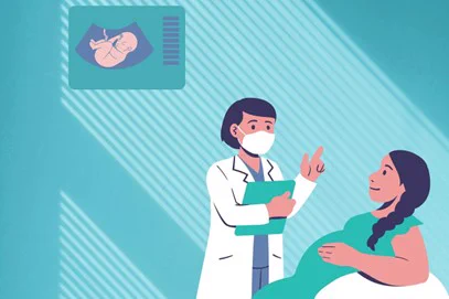 A cartoon-style image of a healthcare professional standing in front of a seated pregnant woman, explaining an ultrasound image displayed in the upper left corner.