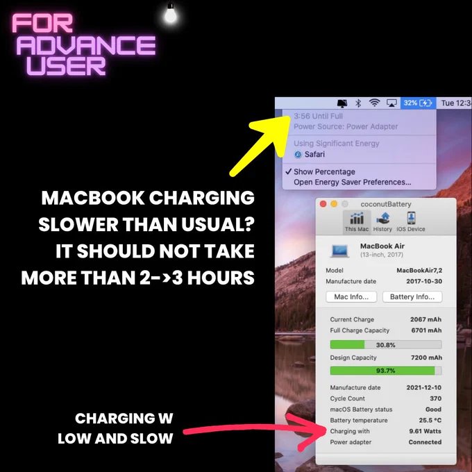 MacBook Air showing Coconut Battery App of its abnormal battery status