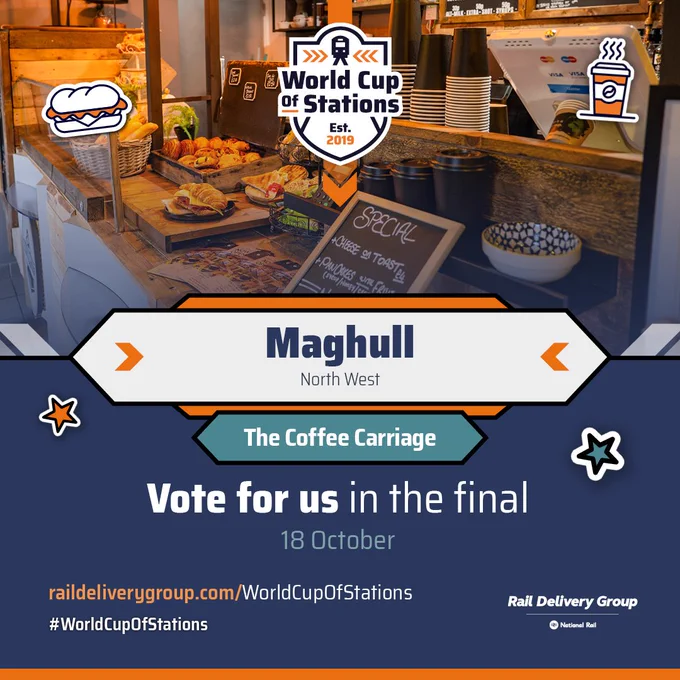 Graphic congratulating Maghull Station as the 2024 World Cup of Stations Final winner, featuring The Coffee Carriage as the station's local business.

