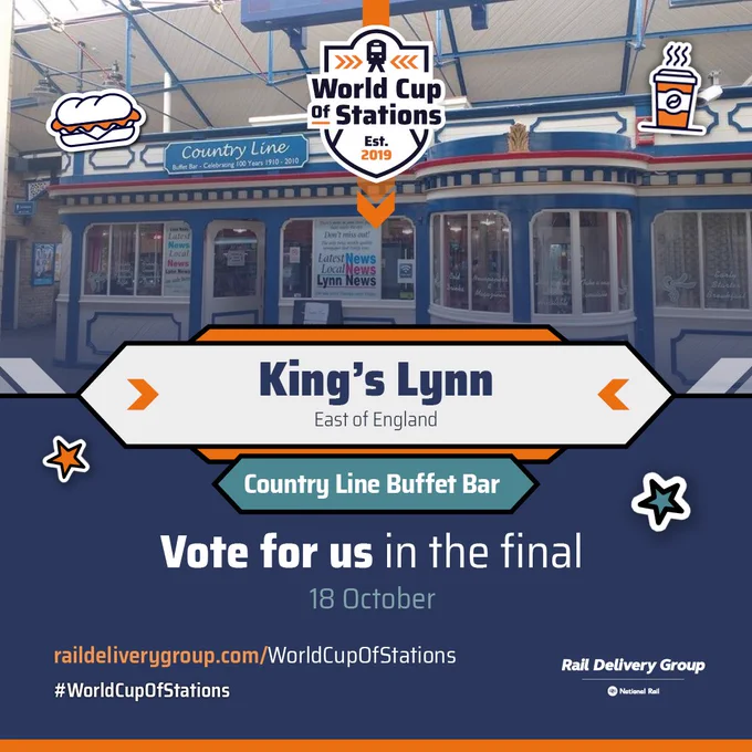 Graphic congratulating King's Lynn Station as the 2024 World Cup of Stations Final winner, featuring Country Line Buffet Bar as the station's local business.
