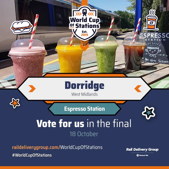 Graphic congratulating Dorridge Station as the 2024 World Cup of Stations Final winner, featuring Espresso Station as the station's local business.
