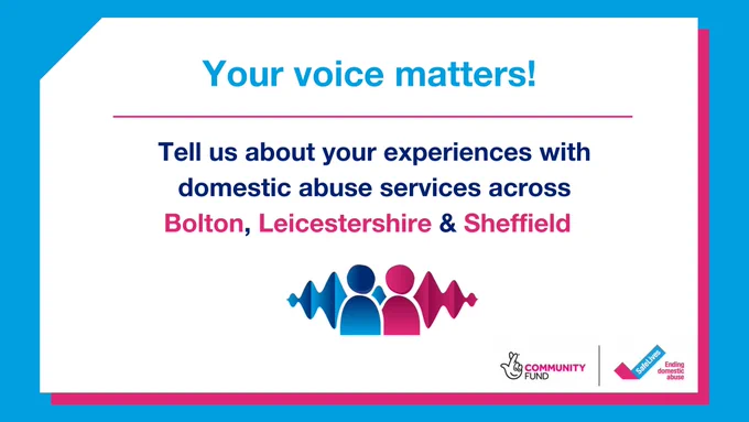 Text reads - Your voice matters! Tell us about your experiences with domestic abuse services across Bolton, Leicestershire & Sheffield, along with the Echo project logo
