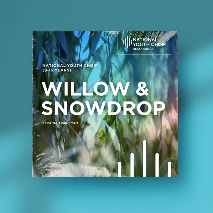 Album artwork mockup for Willow and Snowdrop featuring a willow leaves overlayed with snowdrops on a faint blue and red colour wash