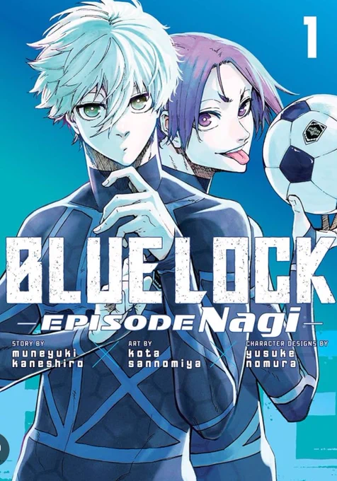 Cover of Blue Lock: Nagi Edition with two soccer players on cover in tones of turquoise, blue, and a shot of color with purple hair.