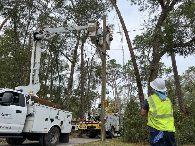Utility workers repairing power lines using a bucket truck amidst trees.